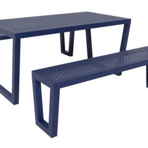 Mesa rectangular para jardín de acero al carbón punzonado, seis personas