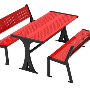 Mesa rectangular para jardín de acero al carbón punzonado, ocho personas